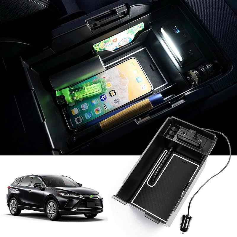 LIMSTYLE トヨタ ハリアー 80系 内蔵型コンソールボックス USB充電付き2ポート LEDセンサーライト Harrier MXUA8# AXUH8# R2.06～現行 車内収納ボックス コンソールトレイ 小物入れ 車種専用 装着簡単 (ハ