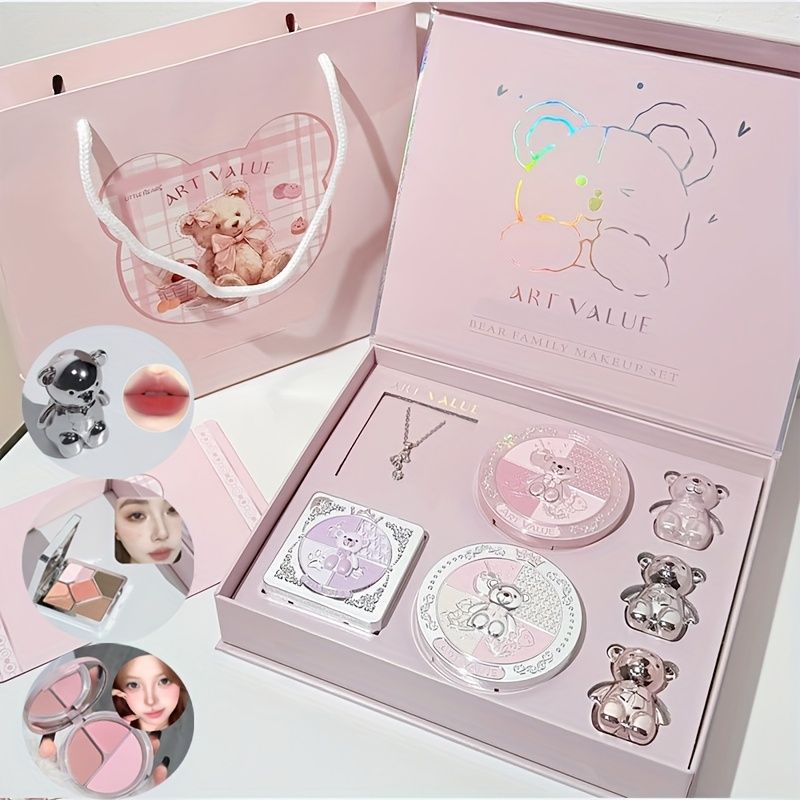 7点セット、ピンクのクマメイクキット、3種類のリップタント、ブランシュボックス、アイシャドウパレット、パウダーコンパクト、クマネックレス。七夕、バレンタインデー、母の日、年始に最適なギフト。