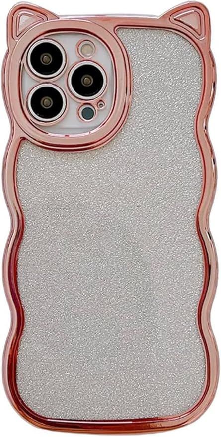 Kunyehdo スマホケース iPhone 15 ケース カバー 対応 メッキ 光沢 ピンク 青 紫 緑 閃粉 猫耳 猫柄 キラキラ おもしろ iPhoneケース 女 軽贅沢 かわいい 薄型 スリム 人気 おしゃれ 韓国 お洒落 立体 波