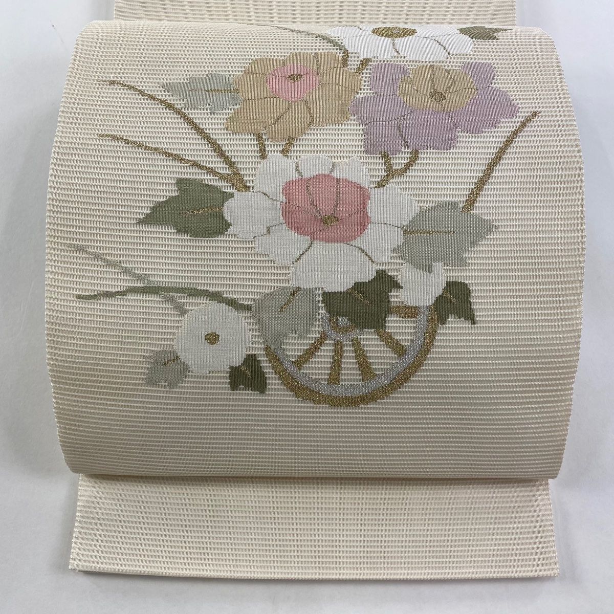 袋帯 秀品 落款 草花 金彩 金通し ピンクベージュ お太鼓柄 正絹