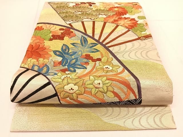 平和屋着物◎太鼓柄 京袋帯 総刺繍 扇面花文 金銀糸 正絹 逸品