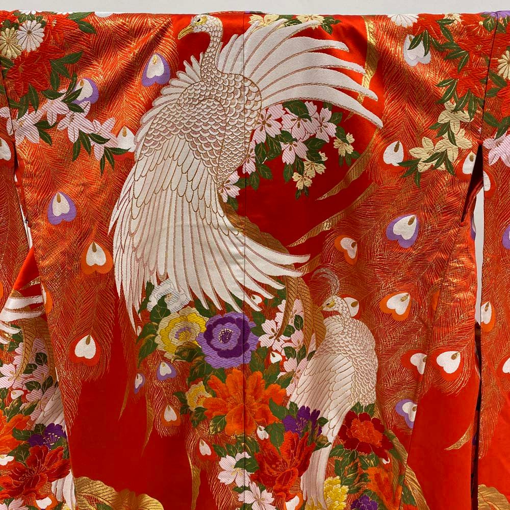 色打掛 正絹 鶴 刺繍 金 赤 打掛 Mサイズ 裄66 花嫁衣裳 婚礼  