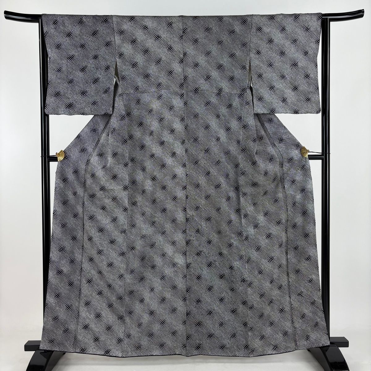 小紋 身丈161.5cm 裄丈63cm S 袷 幾何学 絞り 黒 正絹 秀品