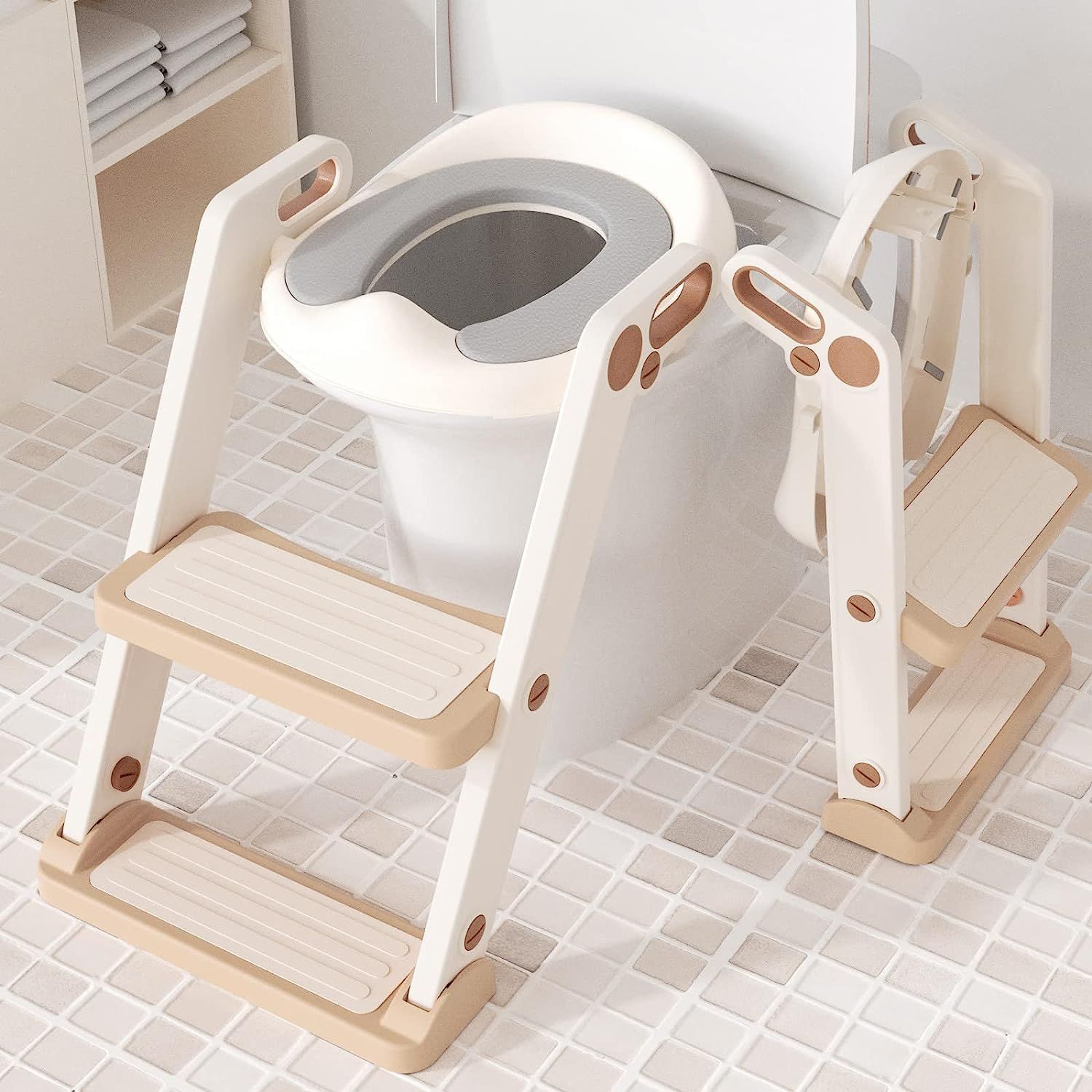 【新着商品】Bean 子供用 補助便座 Little おまる ステップ式 折りたたみ トイレトレーナー ソフトクッション付 尿がしぶき防止 踏み台 滑り止め 高さ調節可能 収納便利 軽量 12ヶ月から 幼児用