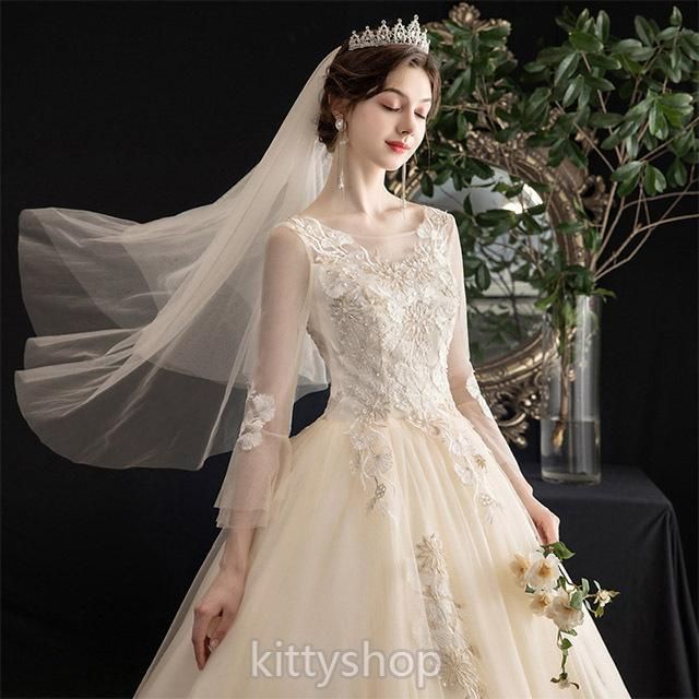 ウェディングドレス 袖あり ホワイトドレス 長袖 フ オシャレ ロングドレス 結婚式 二次会 ブライダルドレス 白 シャンパン色 イブニングドレス