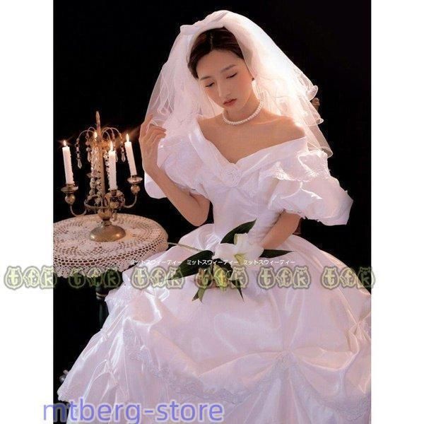 ウエディングドレス レトロ婚 花嫁 サテン 純白 昭和風写真 前