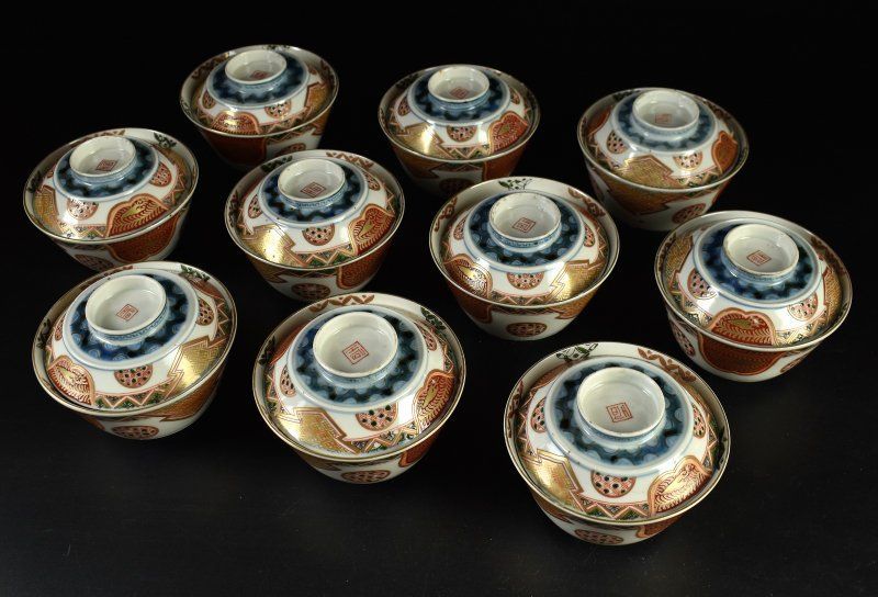 最終値下げ 蔵A5223b 伊万里 染錦 蓋茶碗 蓋物 十客