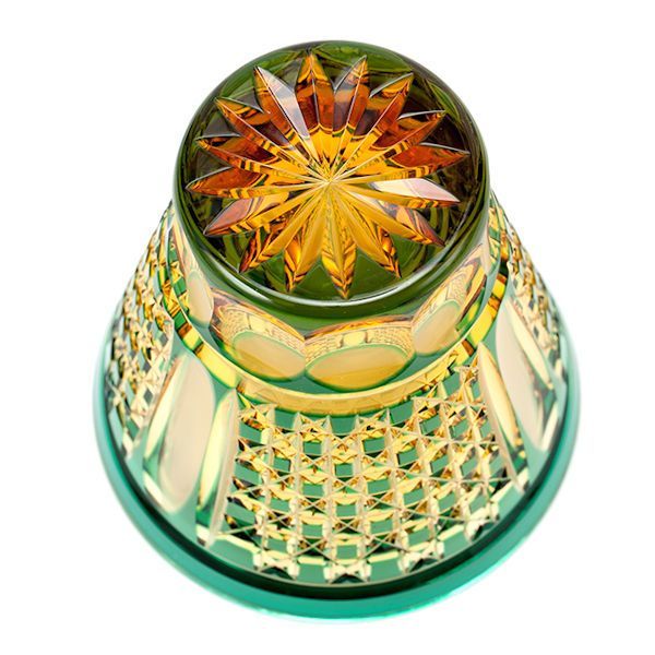 江戸切子琥珀色緑被せクリスタルロックグラス（市松模様）伝統工芸 酒