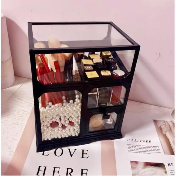 コスメボックス メイクボックス コスメ メイクケース　化粧 収納 大容量　メイク 化粧品　雑貨　小物　ブラシ 収納 口紅 ジュエリーボックス パール付