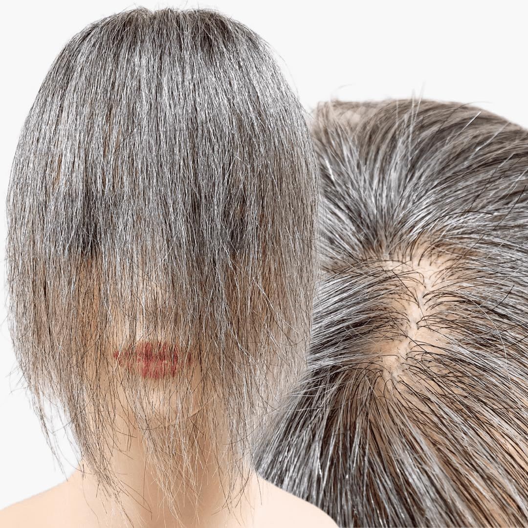 部分ウィッグ かつら ヘアピース ポイントウィッグ 白髪 グレイヘアー 女性 レディース 人毛 ショート 前髪 ストレート 分け目自由自在 医療用 つむじ 頭頂部 カツラ 白8黒2 人毛 グレイヘアーショート 前髪未カット-ベース大