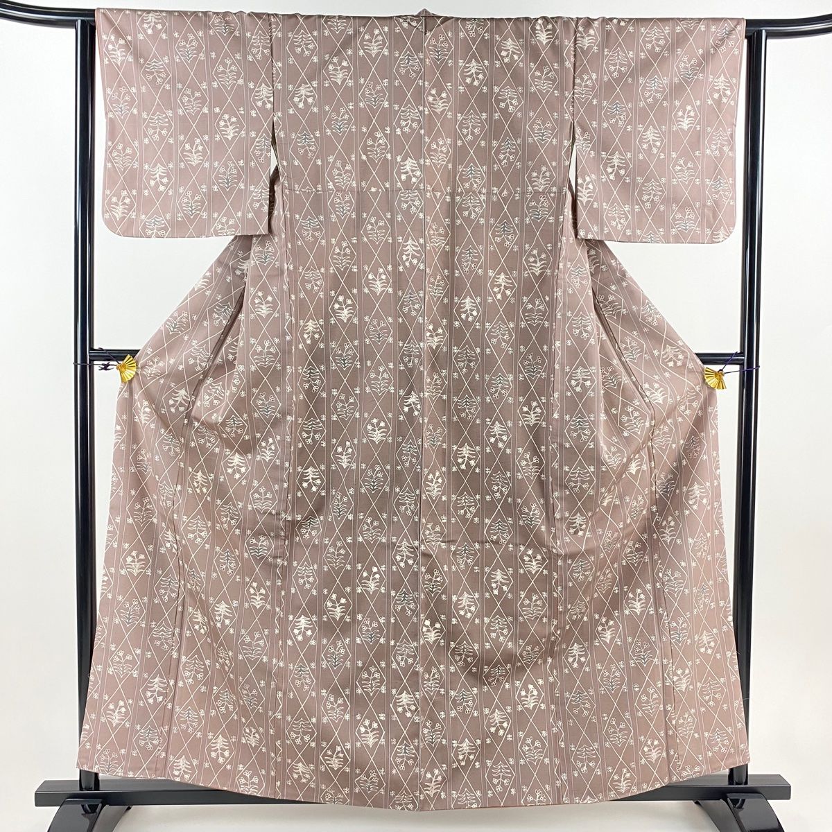 小紋 身丈160cm 裄丈63cm S 袷 紬地 縦縞 草花 薄小豆 正絹 名品