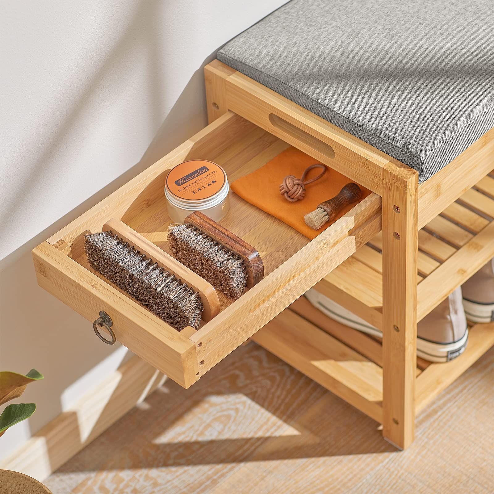 靴箱 シューズボックス 下駄箱 玄関スツール 靴棚 玄関椅子 クッション洗い 靴収納 引き出し付き 幅55×奥行き30×高さ45cm 3段式竹製 収納スツール 収納ベンチ シューズラック FSR49-N 玄関ベンチ SoBuy WWW_OLIVIERBERNSTEIN_COM