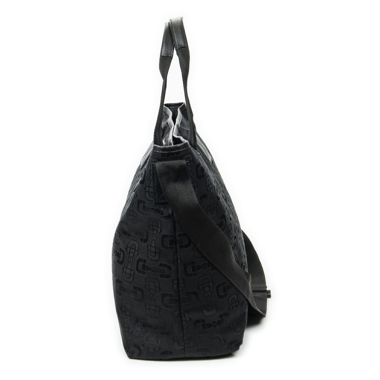 グッチミディアムソフトショッピングトート黒ホースビットプリントグキャンバスA