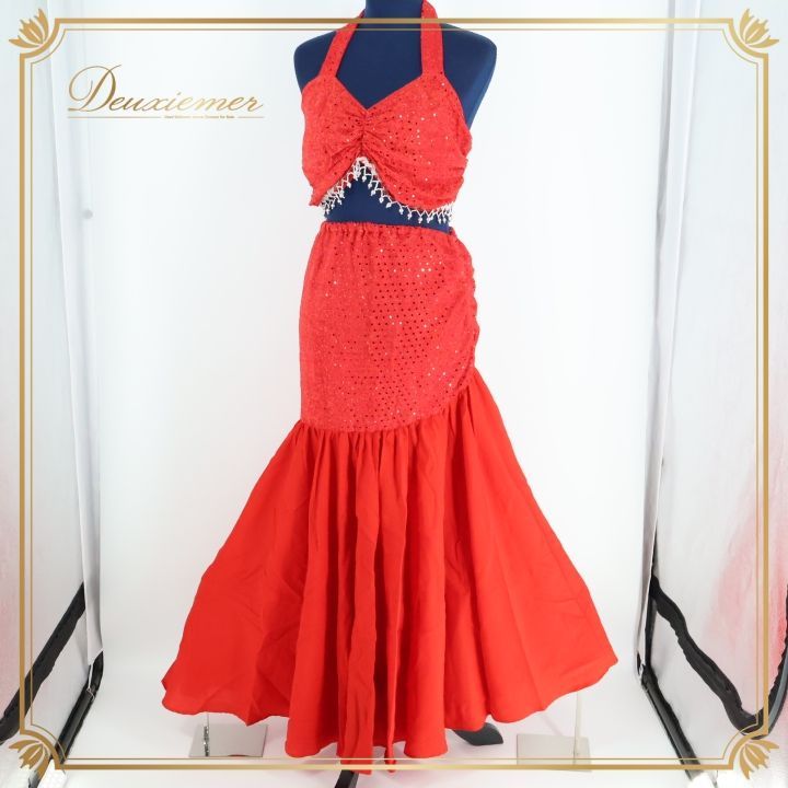 ベリーダンス オリエンタル 衣装 上下セット バヒー Lサイズ レディース レッド系 赤 ラメ ビーズ 装飾 BAHEE インド製 舞台 発表会 イベント コスチューム 赤いドレス セットアップ 舞台衣装 ラメ装飾 ベリーダンス衣装 スリット インド衣装