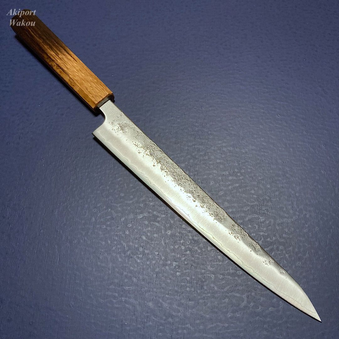 包丁 筋引 240mm 義弘作 銀三鋼 銀紙三号 梨地仕上げ 樫漆柄
