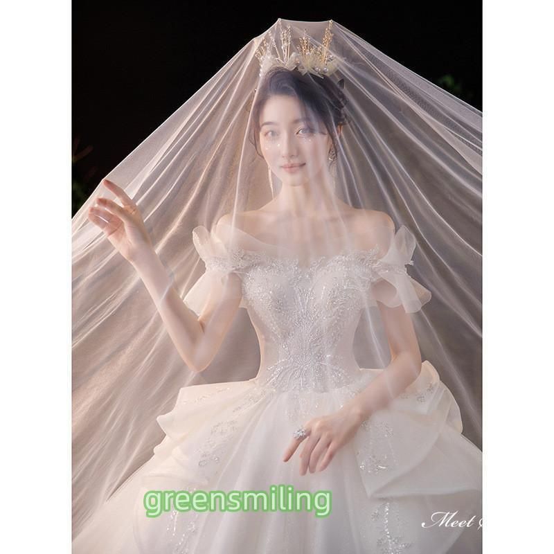 ウェディングドレス ロングドレス プリンセスラインドレス オフショルダー 二次会 結婚式 前撮り 花嫁 ウエディングドレス チュール 挙式