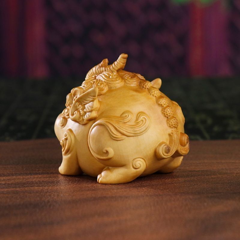 柘植彫刻 木彫り 神獣 貔貅 超可愛いヒキュウ オブジェ 根付 伝統的に