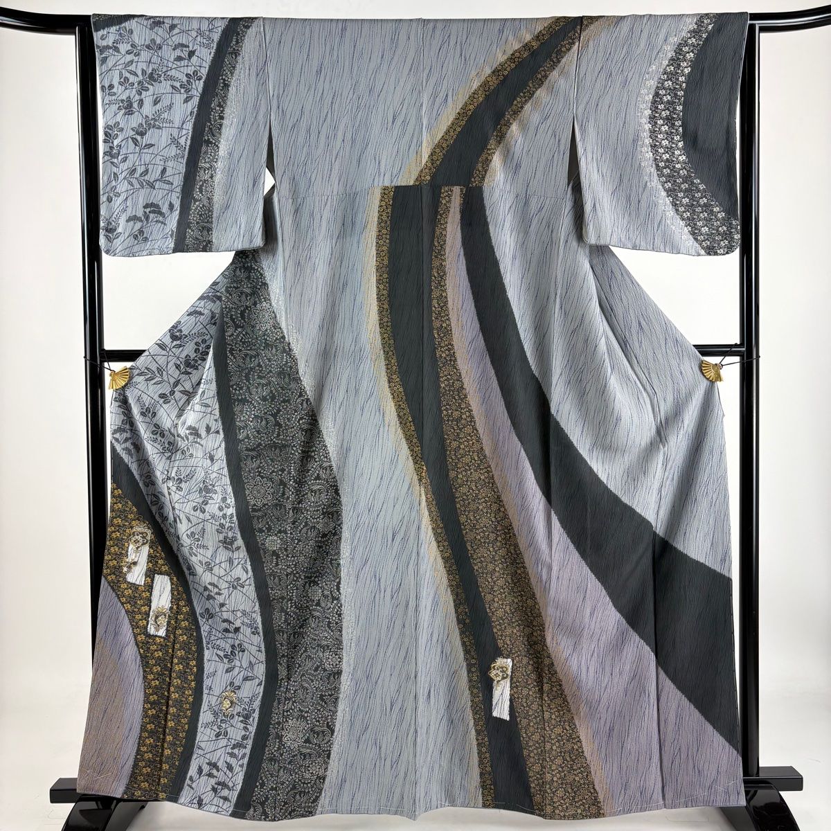 訪問着 身丈163cm 裄丈63.5cm S 袷 萩 短冊 刺繍 金銀糸 青灰色 正絹 秀品