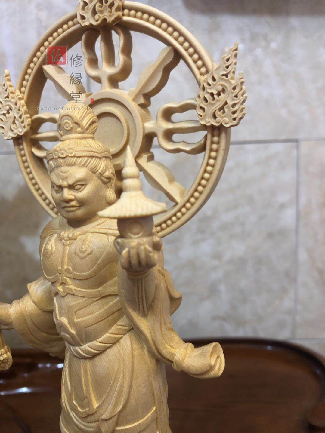 修縁堂】珍品 木彫り 仏像 毘沙門天立像 彫刻 一刀彫 天然木檜材 仏教 