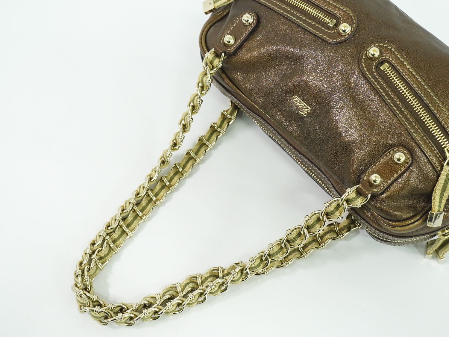 本物 グッチ GUCCI チェーン ショルダーバッグ レザー メタリック  
