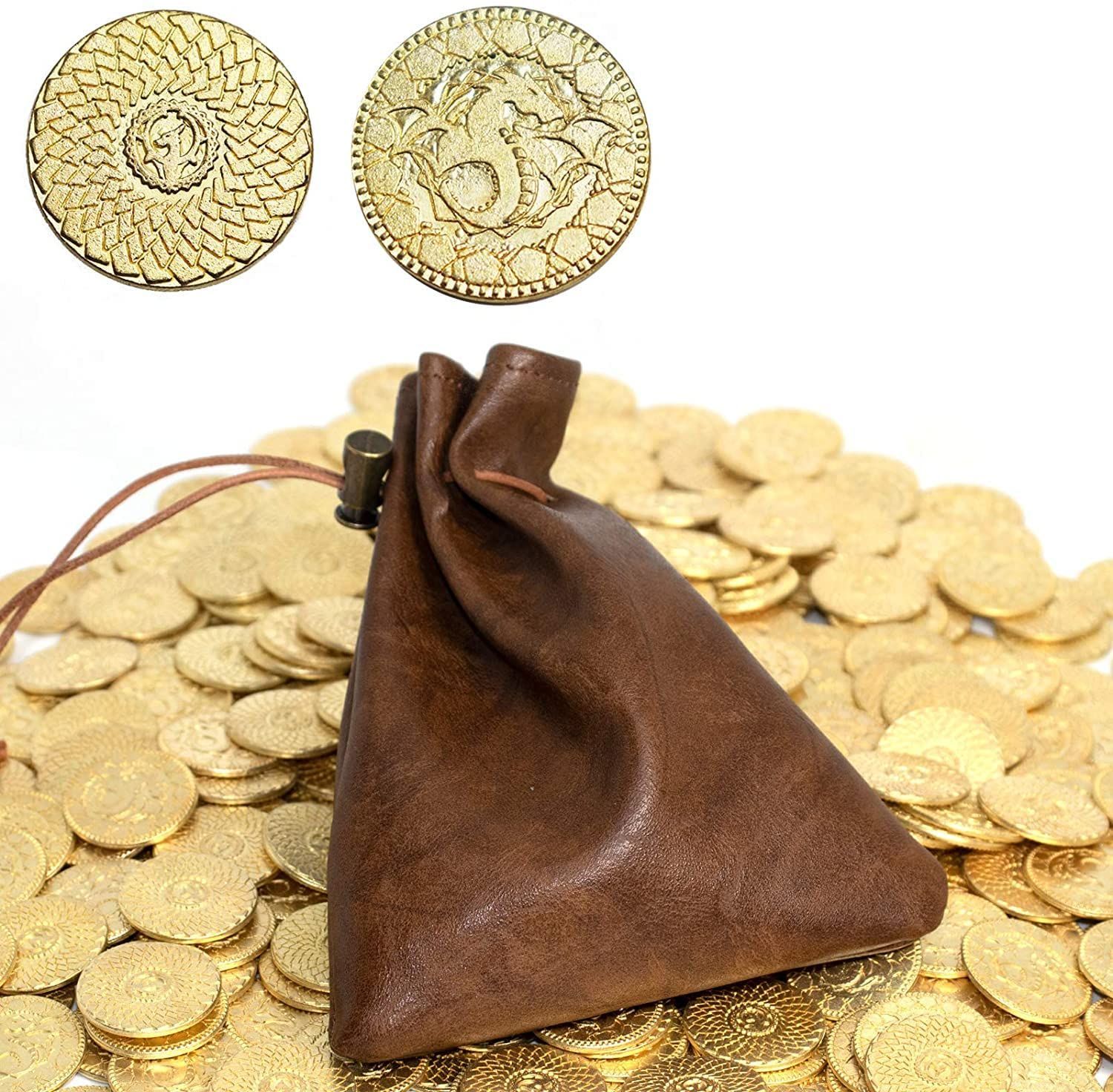 【数量限定】ドラゴン金貨、50枚のDND金属コイン、ファンタジーゴールドコインとヴィンテージ牛革巾着ポケット、ボードゲーム、海賊ゲーム、卓上ロールプレイングゲーム、ダンジョンズ