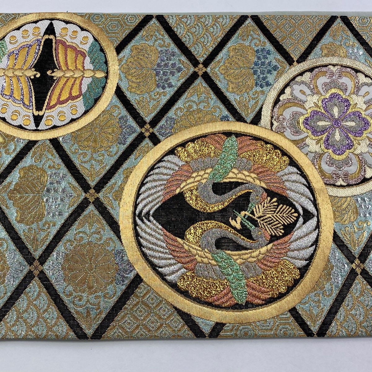 袋帯 名品 証紙 向かい鶴 鎌倉文 金銀糸 箔 薄緑 全通 正絹 【】