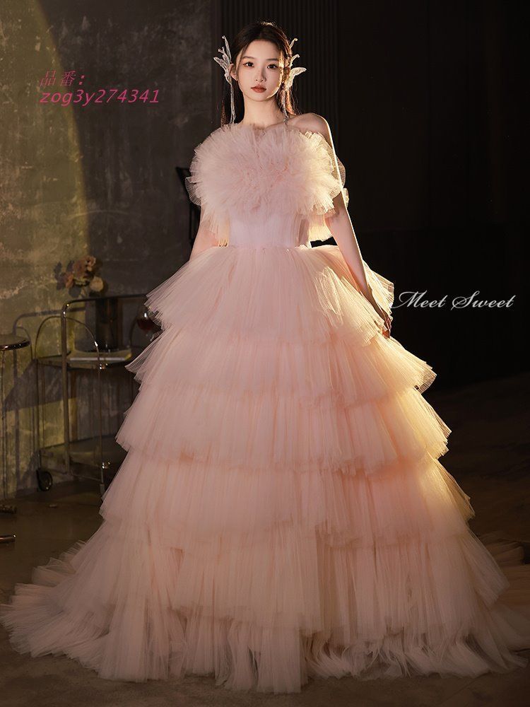 ドレス ロングドレス プリンセスドレス ピンク フリル 結婚式 イブニングドレス チュール ウェディングドレス 演奏会 二次会 発表会 ウエディングドレス zog3y274341