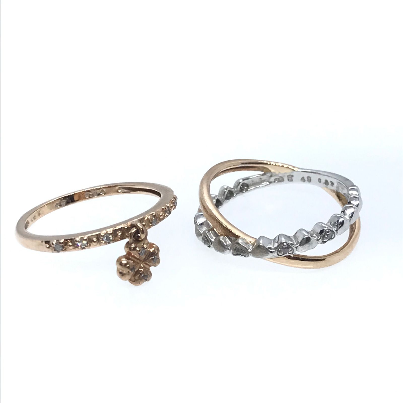 美品】Folli Follie フォリフォリ K10ダイヤ付きクローバー&2連リング 