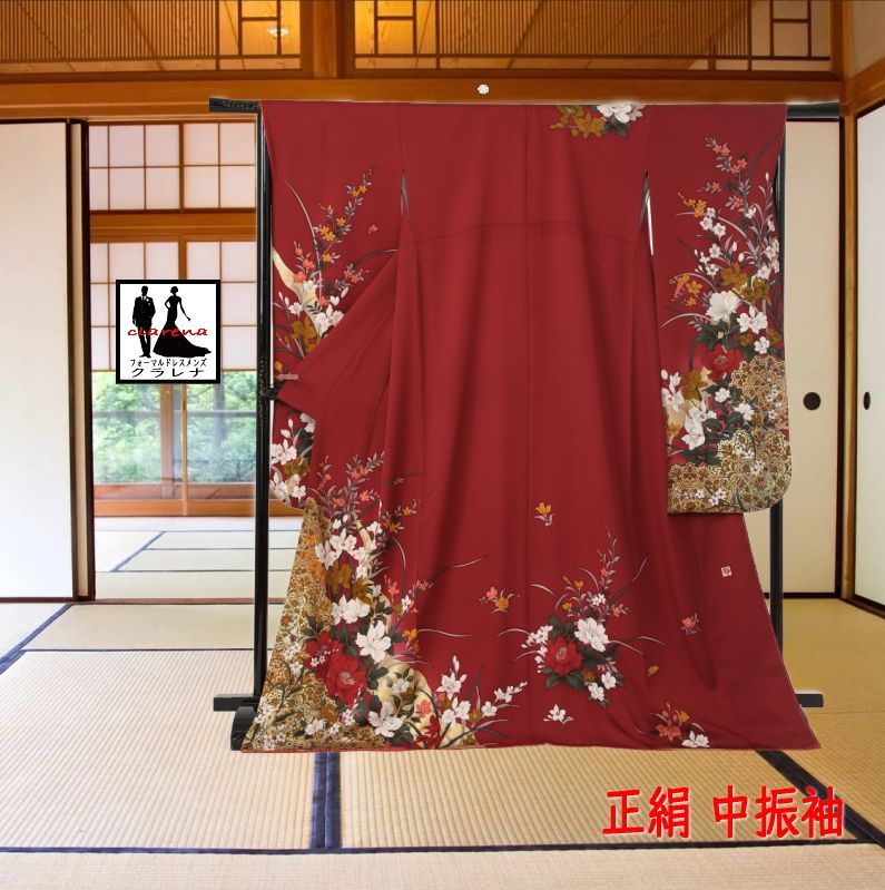 フォーマル衣装》販売 クラレナの 落款入り ワインレッド 花々 正絹 中  