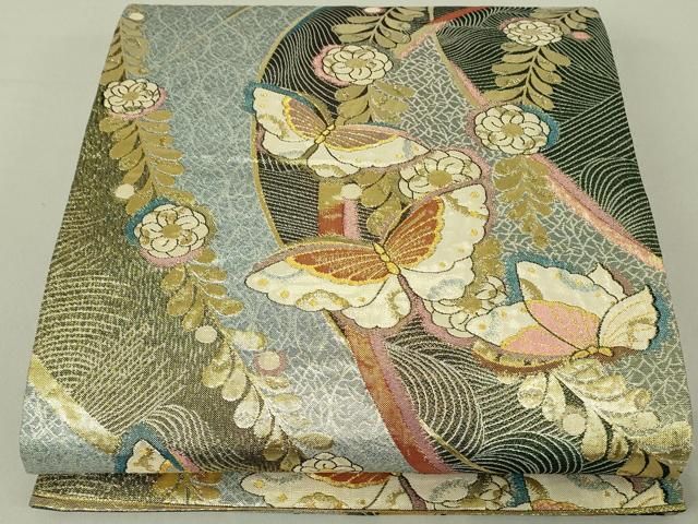萬葉 正絹全通袋帯 誂え 扇面柄に弁慶、鏡道明寺