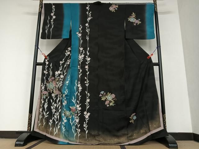 平和屋着物●訪問着　草花文　暈し染め　黒地　金彩　正絹　逸品　AAAU8210zg 平和屋着物○訪問着 草花文 暈し染め 黒地 金彩 正絹 逸品 AAAU8210zg