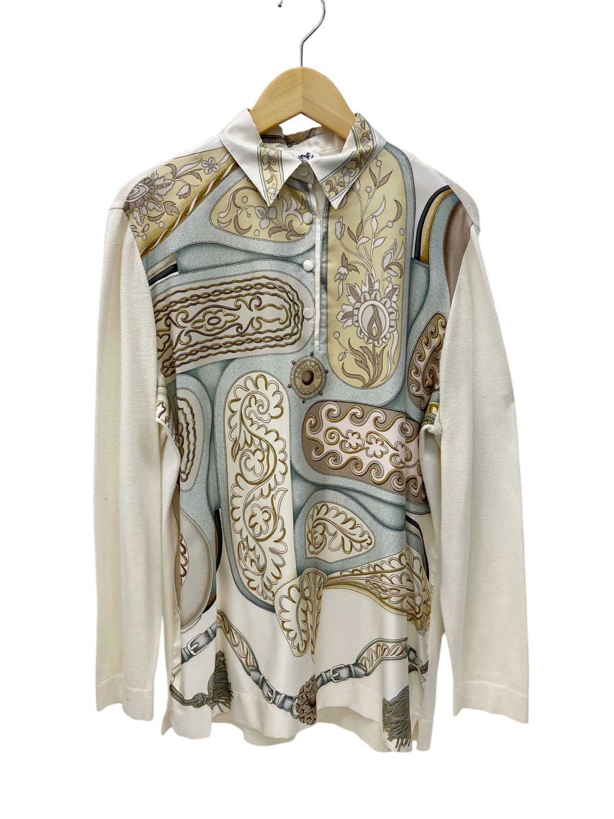 HERMES (エルメス) シルク×ニット長袖 カットソー 総柄 M アイボリー