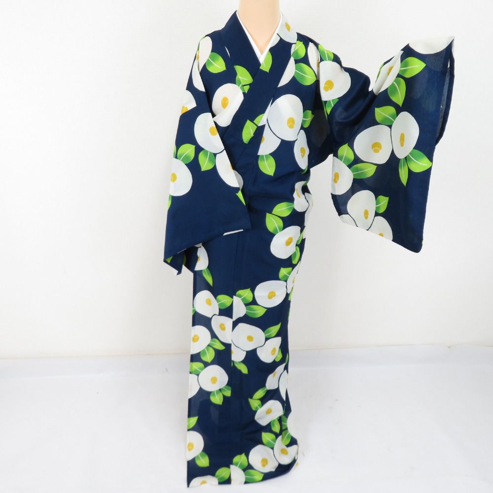 【再入荷】 夏着物 小紋 洗える着物 椿文様 紺色 単衣 バチ衿 Fサイズ 着物・浴衣
