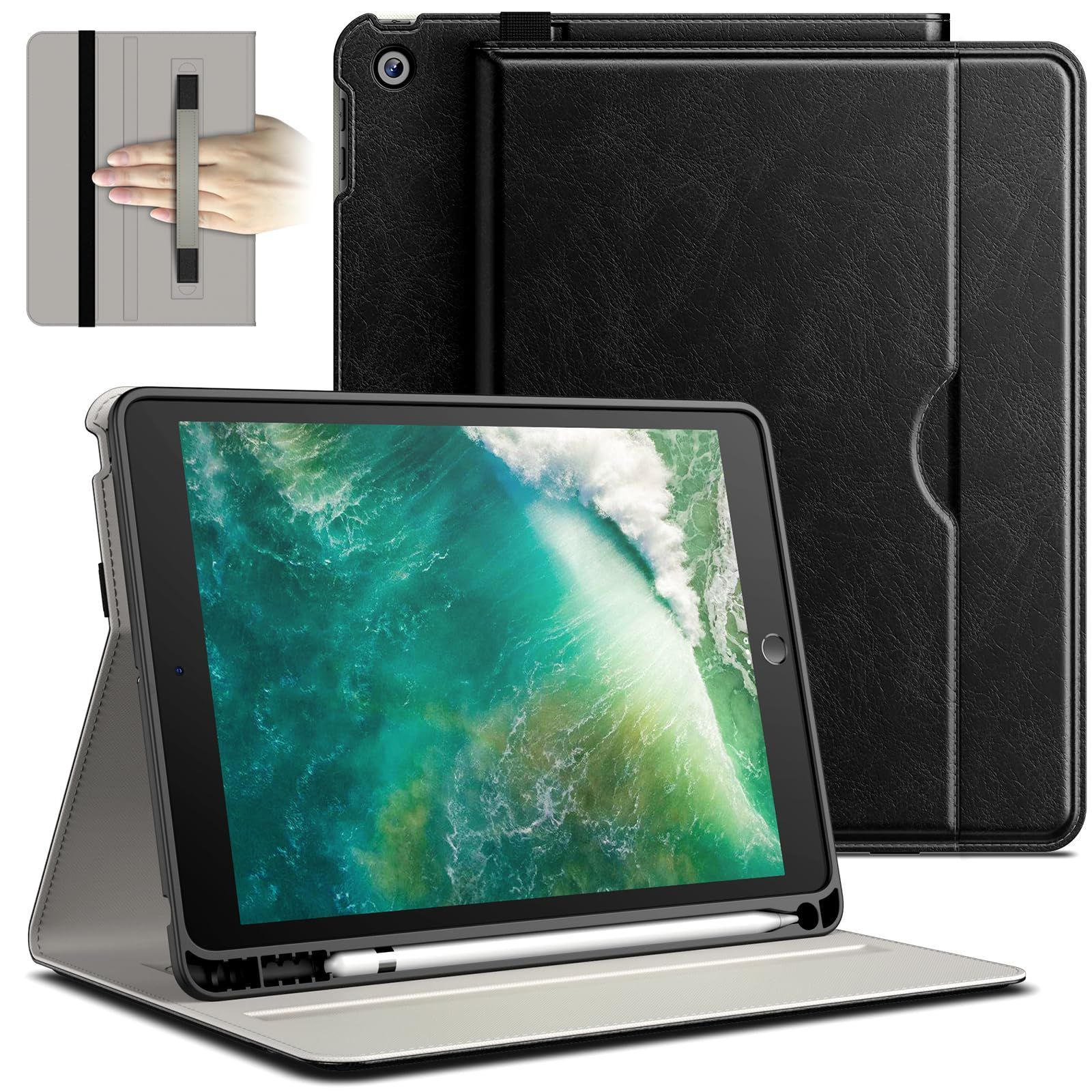 【在庫処分】(ブラック) マルチアングルの視聴 Pencilホルダーとポケット付き タブレット保護カバー ビジネスフォリオ PUレザー (9.7インチ、2018/2017モデル、第6/5世代用) ケース 6/5 iPad JEDirect