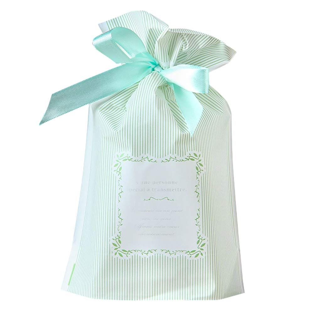 moin ラッピング 袋 リボン マチ付き かわいい プレゼント用 Thank you シール セット | 縦23.5 cm×横14.8 cm×マチ6 cm 水色 ミント ストライプ 柄
