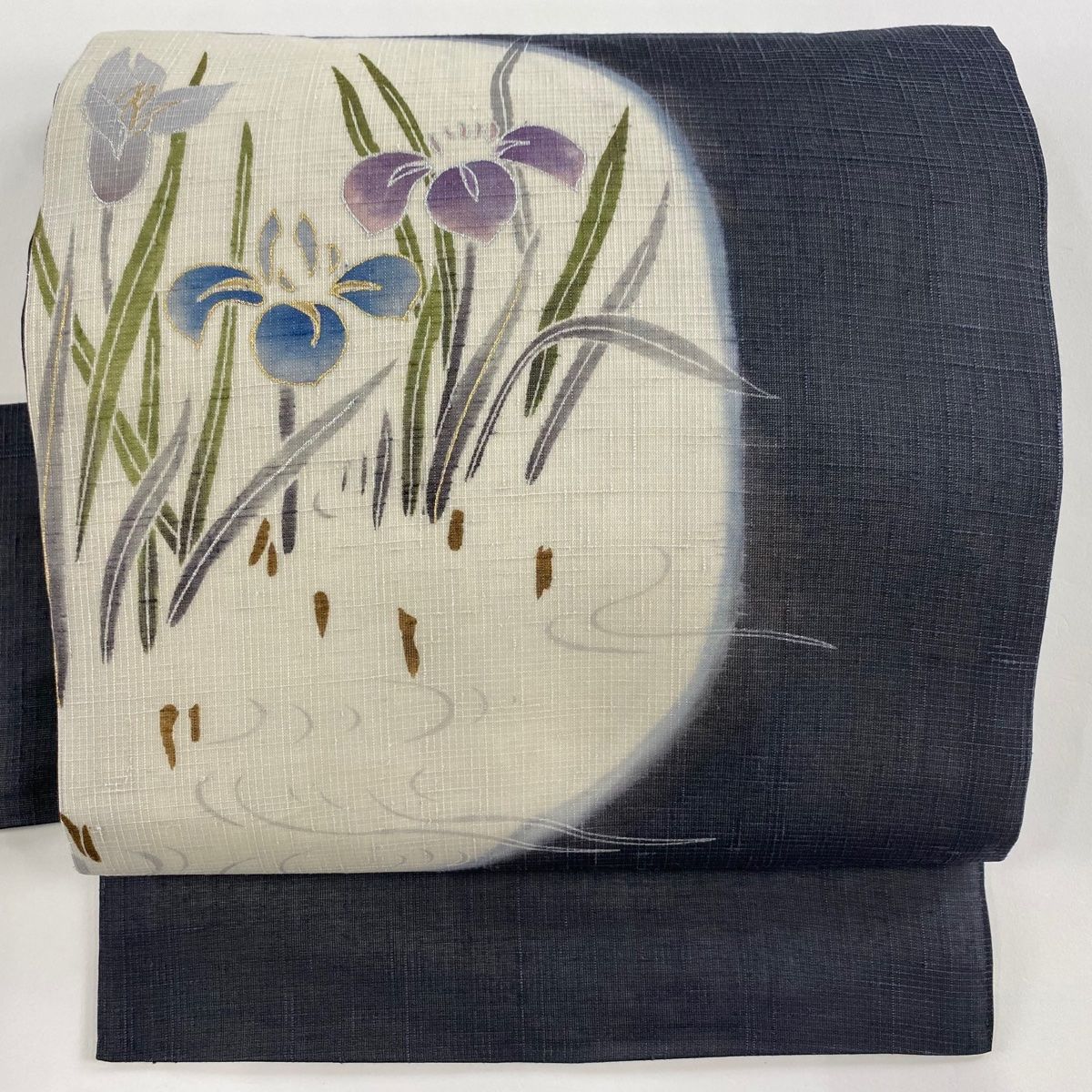 名古屋帯 秀品 夏紬地 菖蒲 流水 金銀彩 クリーム 正絹