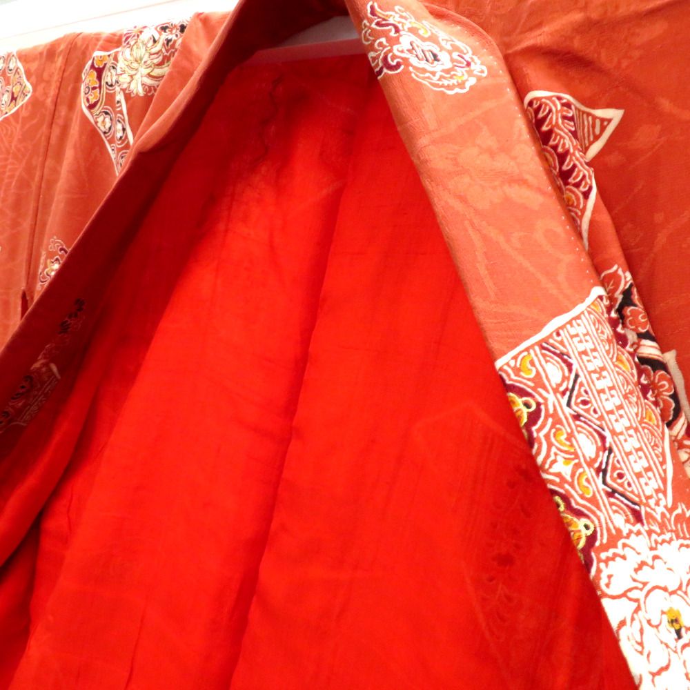 アンティーク 袷 茶 白 赤 黒 金 花 地模様入 バチ衿 正絹 レトロ 明治