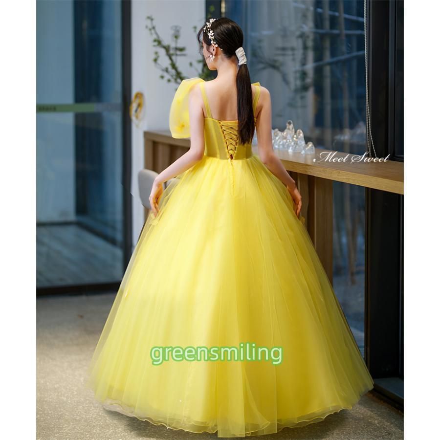 カラードレス 編み上げ イー 袖なし リボン 前撮り 黄色 ロングドレス 結婚式 二次会 発表会 演奏会 ウェディングドレス ウエディングドレス Aラインドレス カラードレス 編み上げ イー 袖なし リボン 前撮り 黄色 ロングドレス