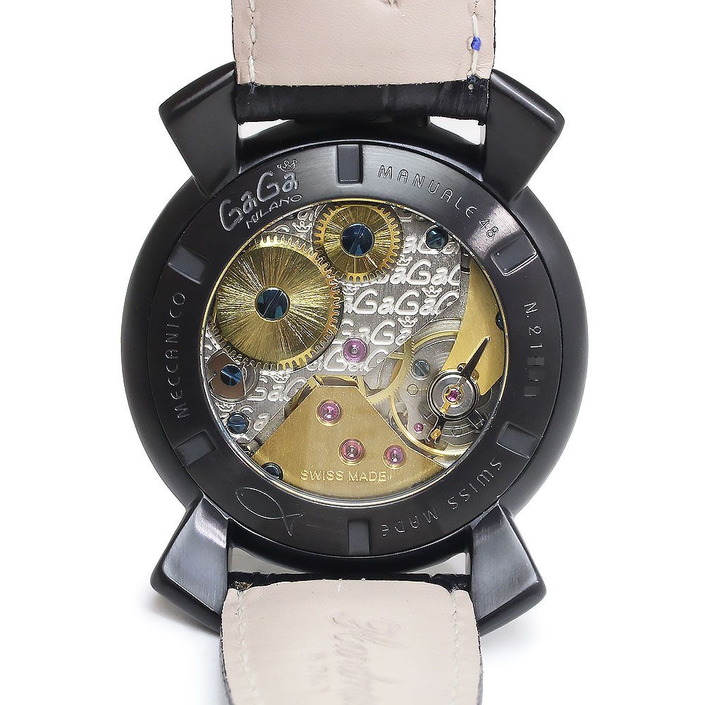 ガガミラノ マヌアーレ 48MM モザイク 手巻き 腕時計 型押しカーフレザー ブラック ブルー 黒 青 5012.MOSAICO2S 箱付 訳あり  GaGa MILANO（新品・未使用品）