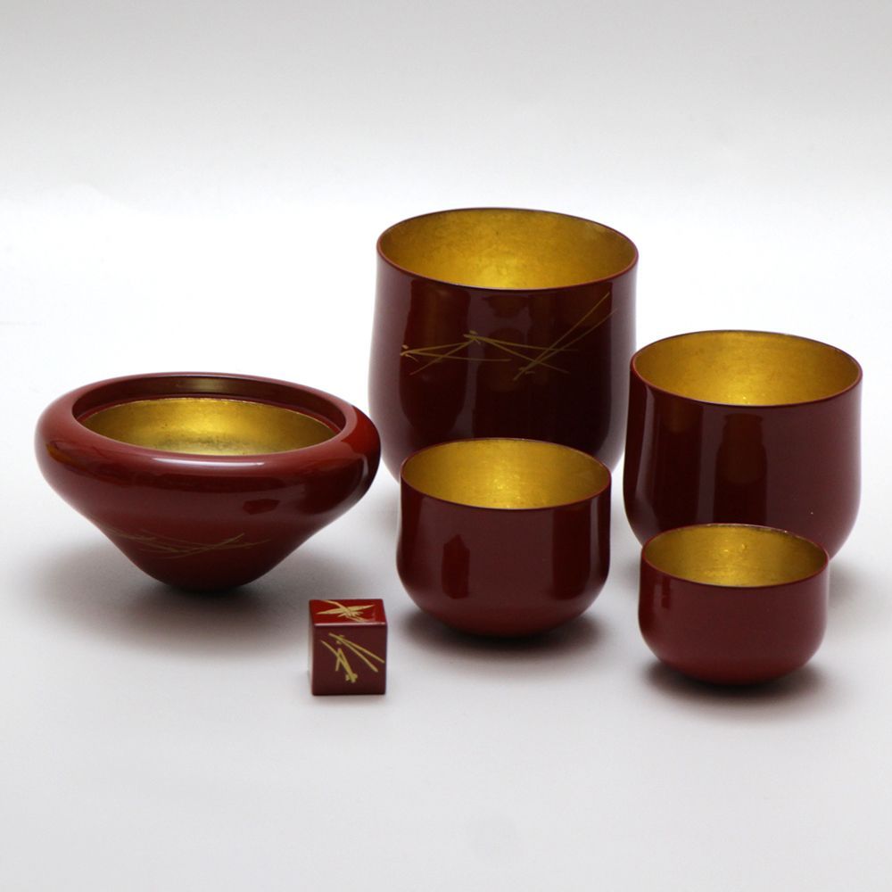山中漆器 松茸盃セット 金箔工芸品 松竹梅鶴亀 ビンテージ