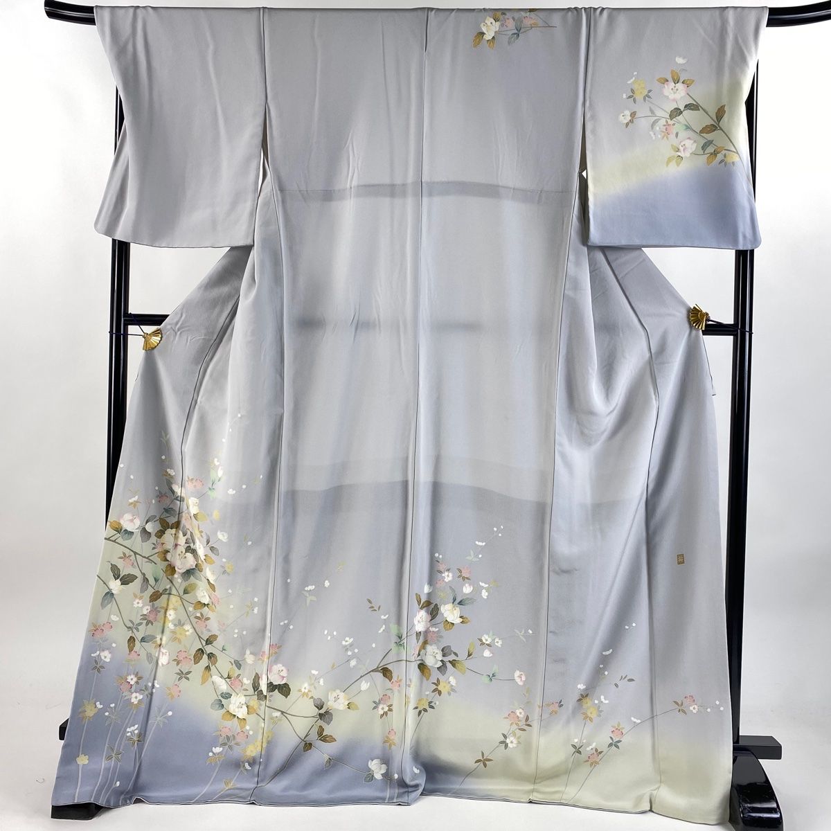 訪問着 身丈172cm 裄丈71.5cm L 袷 やまと 落款 枝花 草花 染め分け ぼかし 青灰色 正絹 秀品