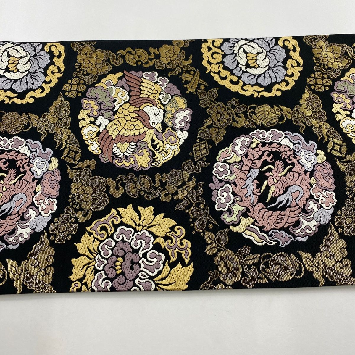 中古美品 黒 牡丹柄 リバーシブル袋帯 新古品 袋帯 古典柄 二重太鼓 中古袋帯 花鳥 黒紺地 a2m1m5