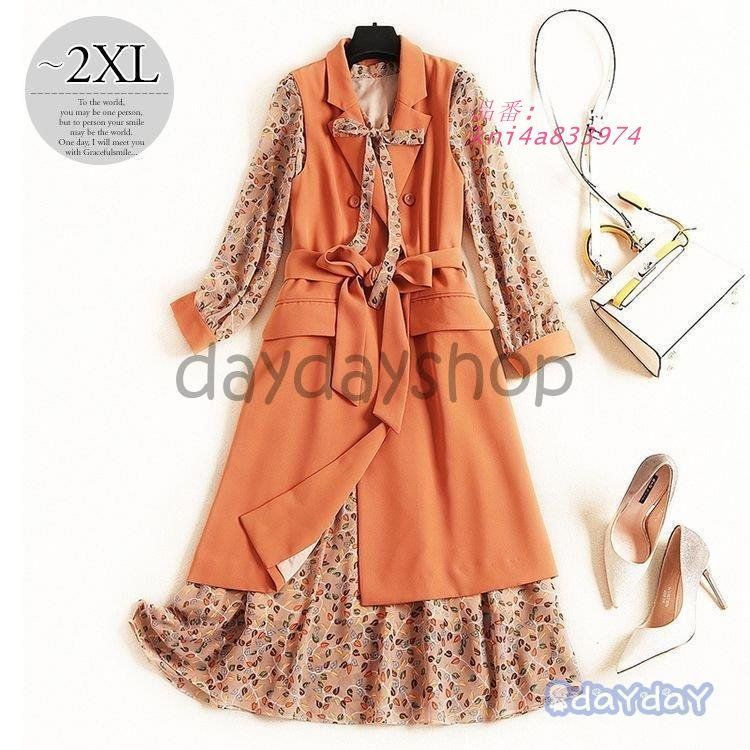 セットアップ ジャケット ワンピース 襟付き 総柄 シフォンワンピ フロントボタンガー定番 ボウタイリボン 長袖 女子会 ウエストリボン kni4a833974