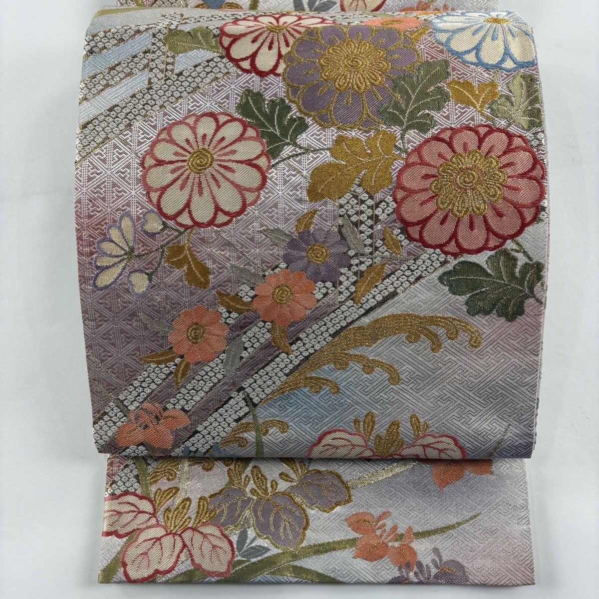 袋帯 秀品 落款 振袖向き 菊 橋 金銀糸 箔 銀色 六通 正絹