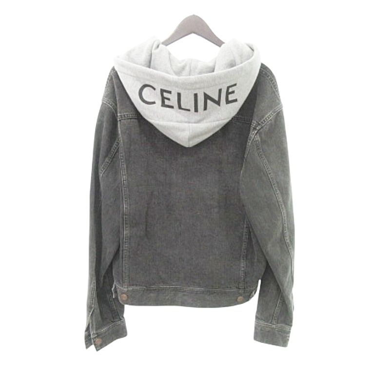 セリーヌ CELINE 22AW フード付き デニム ジャケット ブランドロゴ 羽織 アウター Gジャン ジーンズ Lサイズ ダークグレー AA