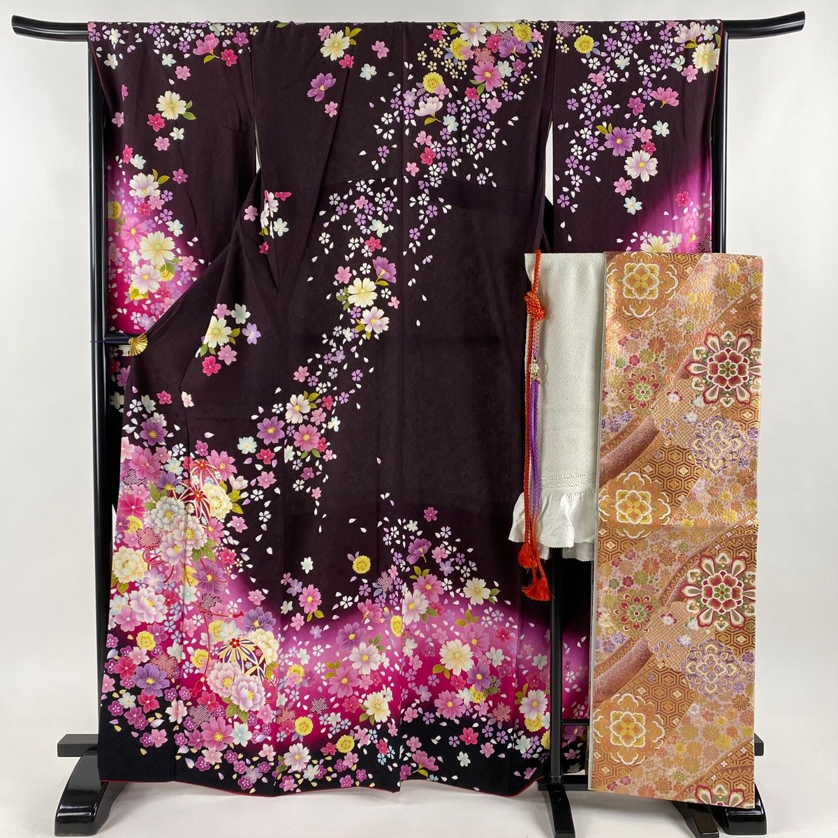振袖 身丈166cm 裄丈67.5cm L 袷 袋帯フルセット 鞠 草花 ラメ ぼかし 濃紫 正絹 名品