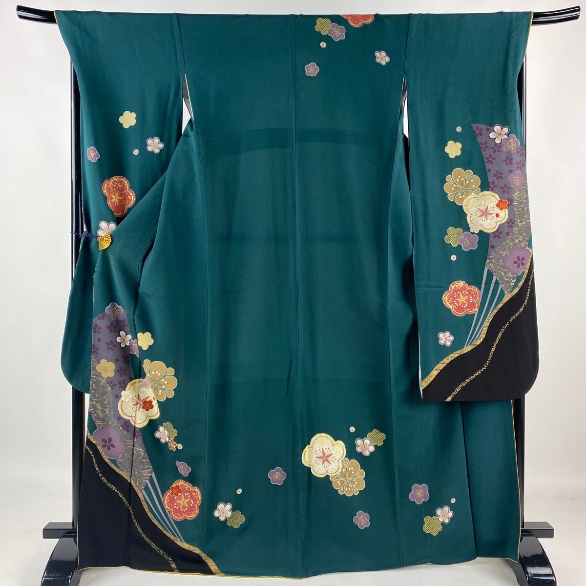 振袖 身丈167cm 裄丈70cm L 袷 やまと 梅 扇 金糸 金彩 深緑 正絹 名品  