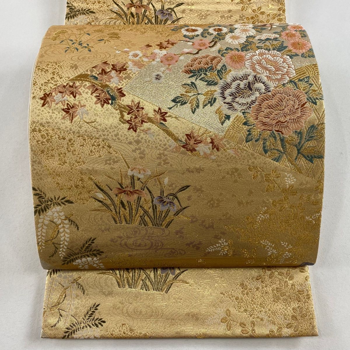 正絹　夏の六通袋帯【花　水流】No2786 袋帯 美品 秀品 草花 流水 箔 ベージュ 六通 正絹 【中古