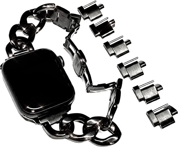 Royce&Roland Apple watch チェーンバンド バタフライバックル おしゃれ アップルウォッチ 時計 ステンレス/シルバー レディース メンズ ギフト プレゼント 44mm(ブラック,  44mm 45mm 46mm 49mm)