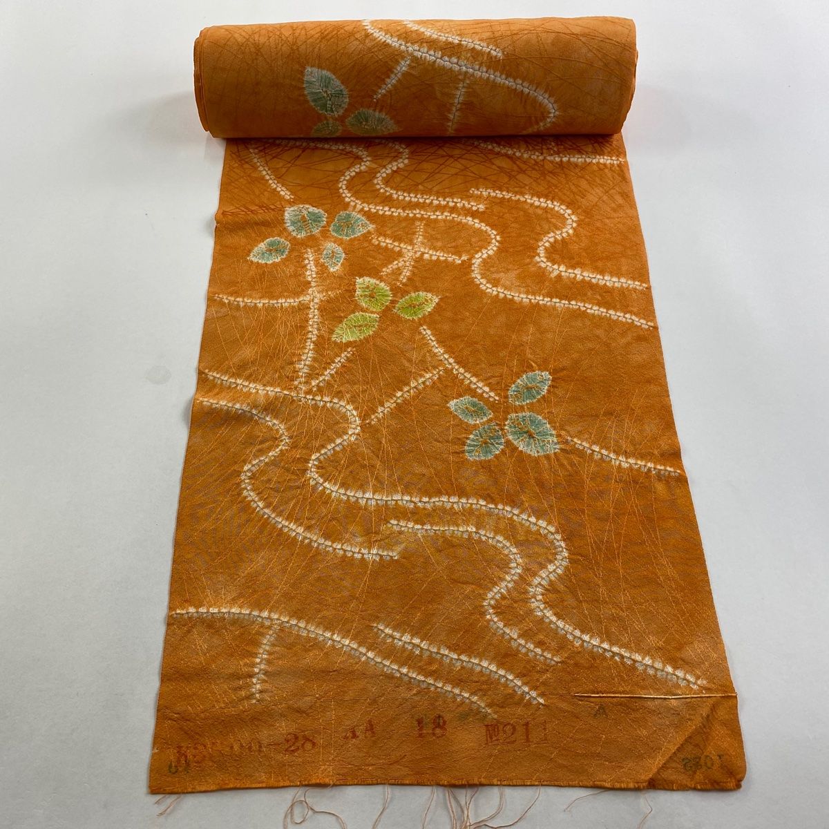 反物 秀品 小紋 葉柄 流水 絞り オレンジ 正絹